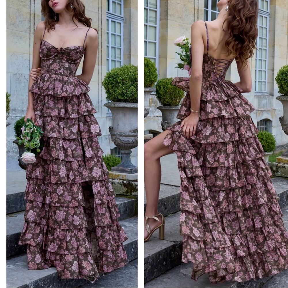 V. CHAPMAN Josephine Floral Ruffle Tiered Bustier Chocolate Maxi Dress Size 10 - Picture 2 of 10